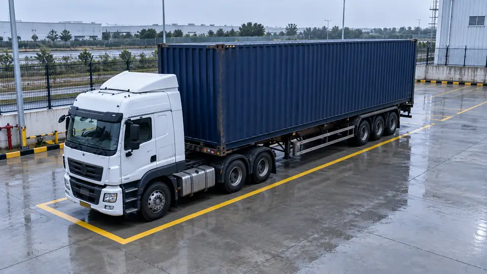 Example: container dimension measurement, a container truck parked in a marked bay.