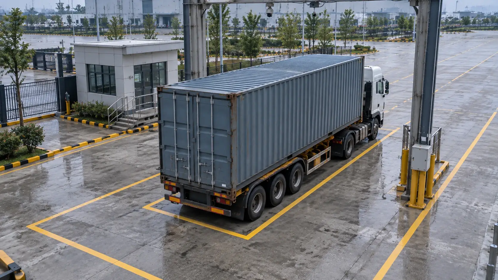 Example: a truck with a container stops at the yard gate; two FACSOR cameras measure its length, width and height.