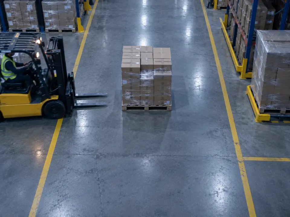 Example: a forklift lane at a warehouse dock, seen from a high CCTV camera.