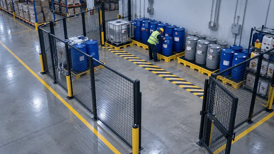 Example: hazardous activity detection, a worker inside the marked zone of a chemical store.