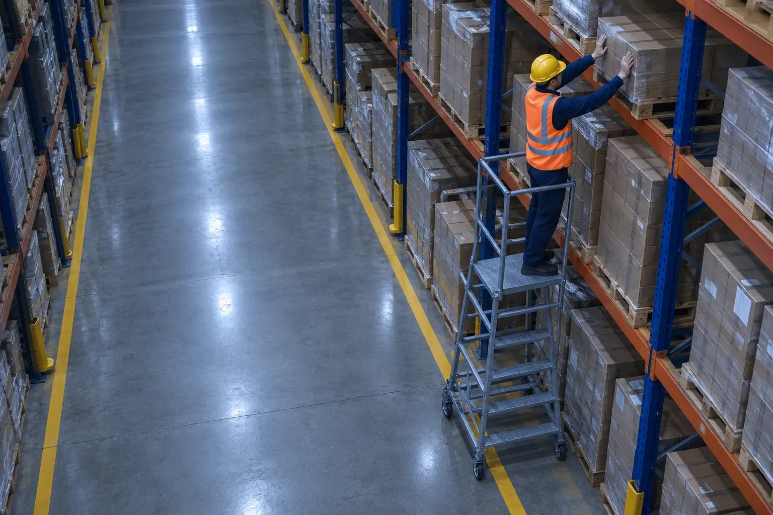 Example: in a warehouse aisle, a worker goes up a platform ladder at the racks; FACSOR detects the work at height and raises an alert.