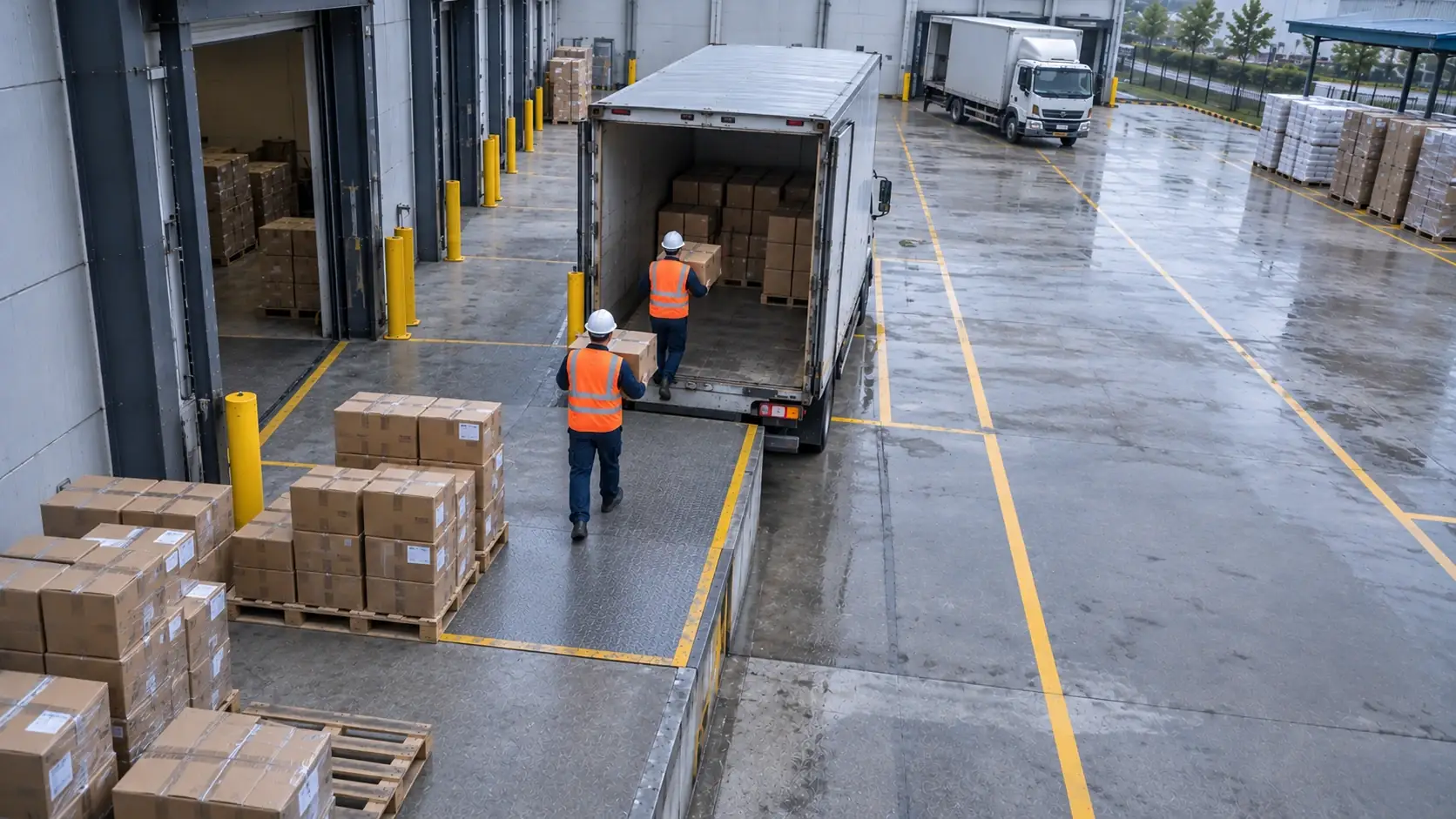 Example: at an outdoor loading dock, two workers carry boxes into a truck; FACSOR counts each box as it goes in.